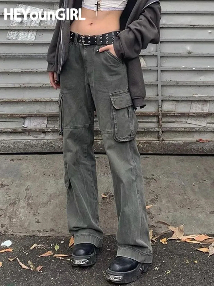 

Женские джинсы-карго HEYounGIRL в стиле гранж Y2K, уличная одежда, модные джинсовые мешковатые брюки в стиле пэчворк с низкой талией и карманами, о...