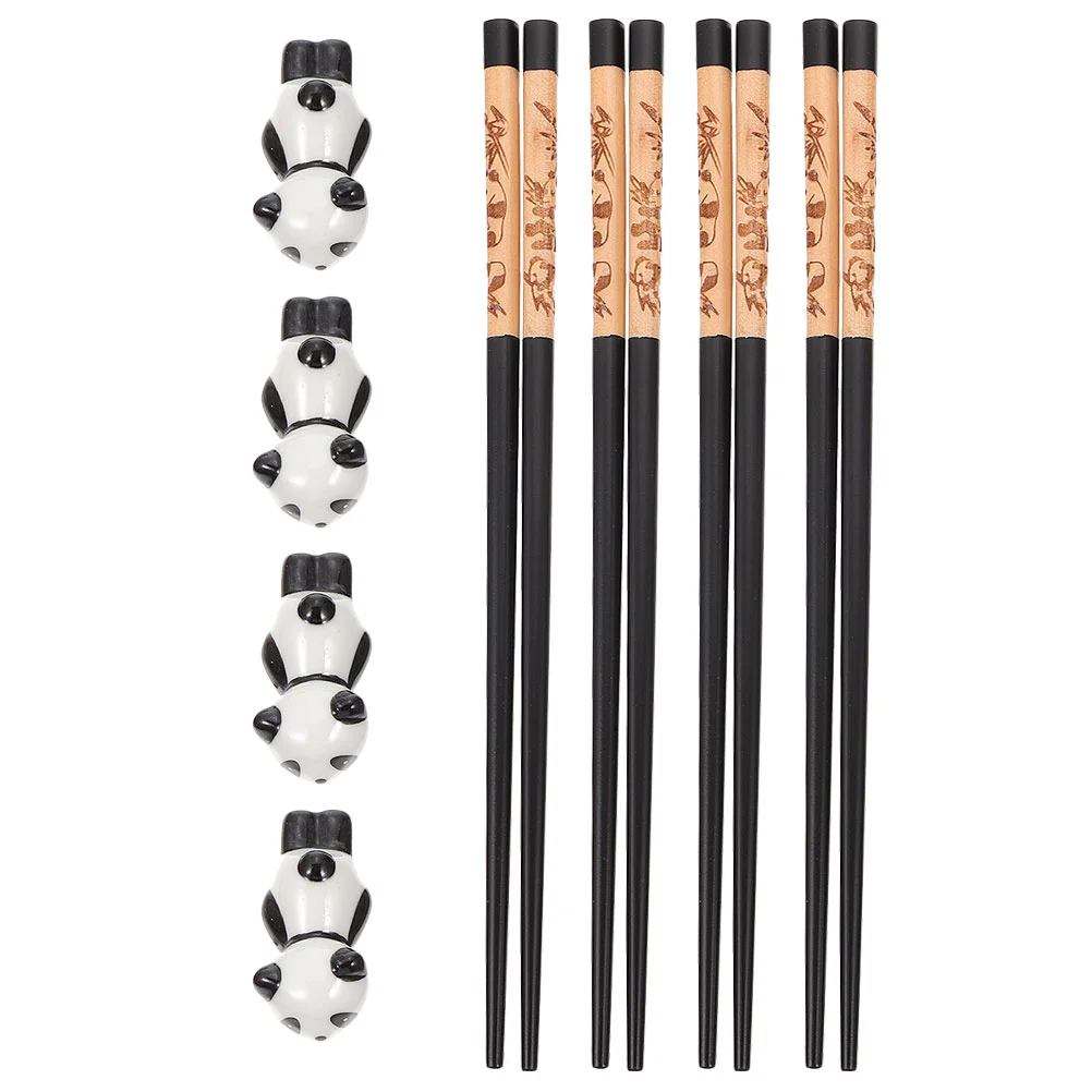 

Panda Chopsticks Box Rest Home Ceramic Dishes Tricolor Wooden Set Travel Case Ceramics Reusable