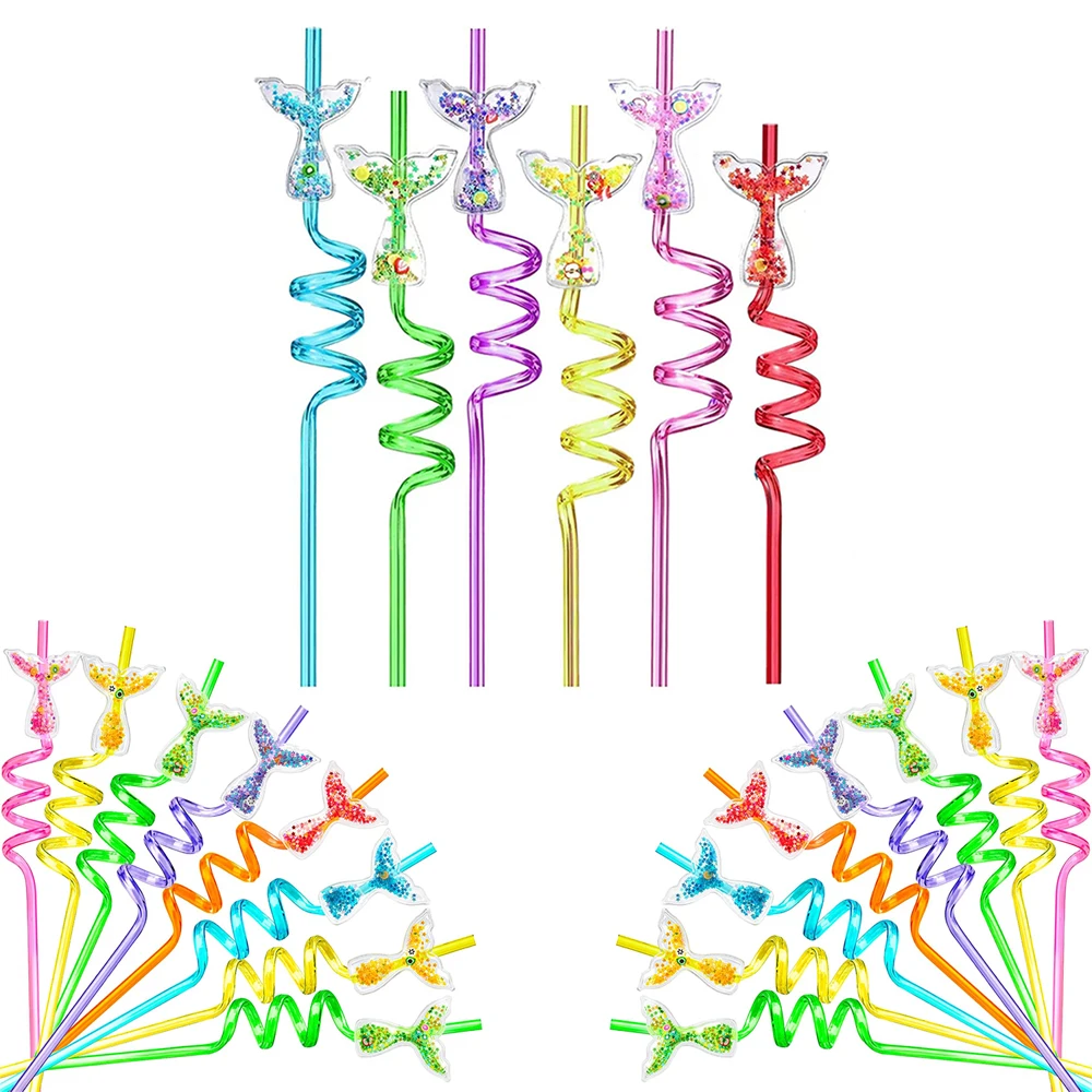 Пластиковые спиральные соломинки с хвостом русалки 6 шт