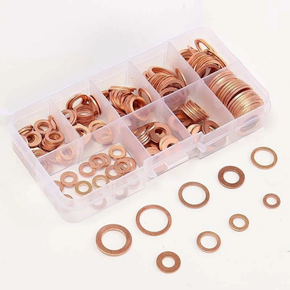 

200pcs Copper Washer Gasket Nut and Bolt Set Flat Ring Seal Assortment Kit with box M5-M14 Electrical Woodworking Washers Sets