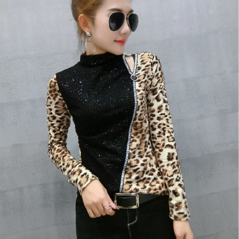Women's T-Shirt Patchwork Leopard Pullover Tshirt Spring Autumn Women Sequined Bottoming Shirt Turtleneck T Shirts Clothes