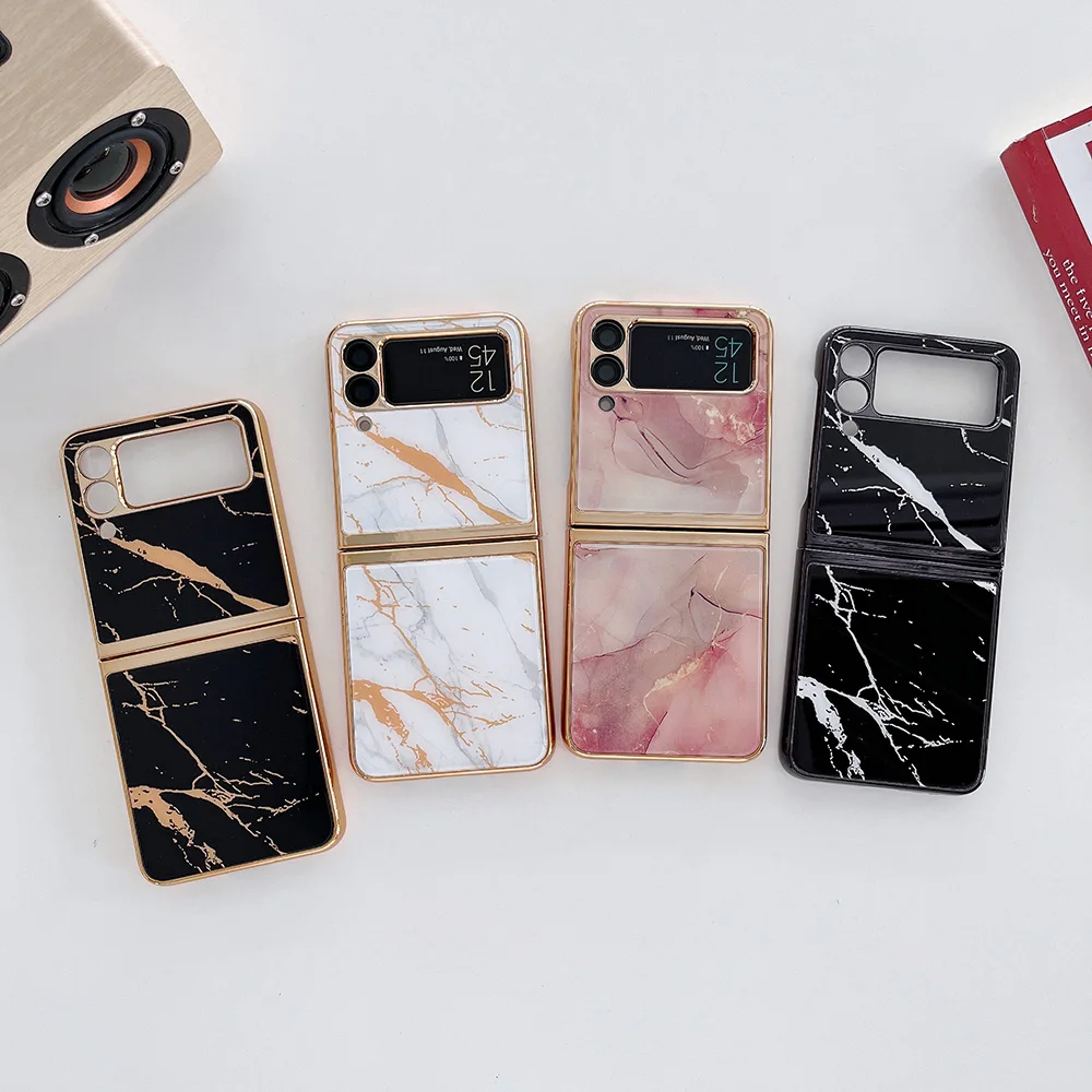 Luxury Tempered Glass Case for Samsung Galaxy Z Flip 3 Flip3 5G Case Hard Glass Cover Flip 3 Marble Pattern Bumper Funda Cover