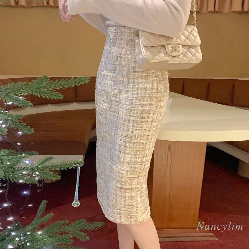 

2023 Spring and Autumn Mid-Length Woolen Skirt Women's Chic Tweed Skirts High Waist Hip Jupe Plaid Slimming Faldas Mujer