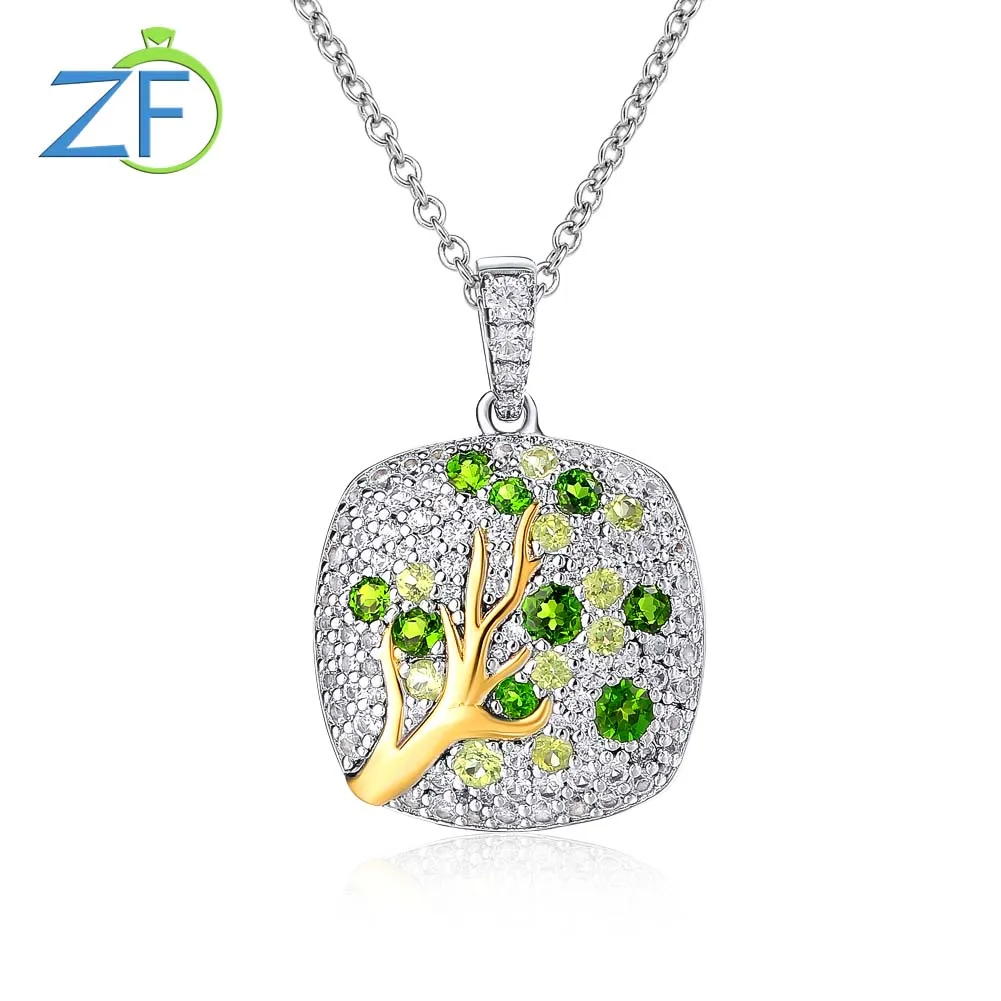 

GZ ZONGFA Pure 925 Sterling Silve Pendant Necklace for Women Natural Peridot Chrome Diopside Sparkling Mixed Gems Fine Jewelry