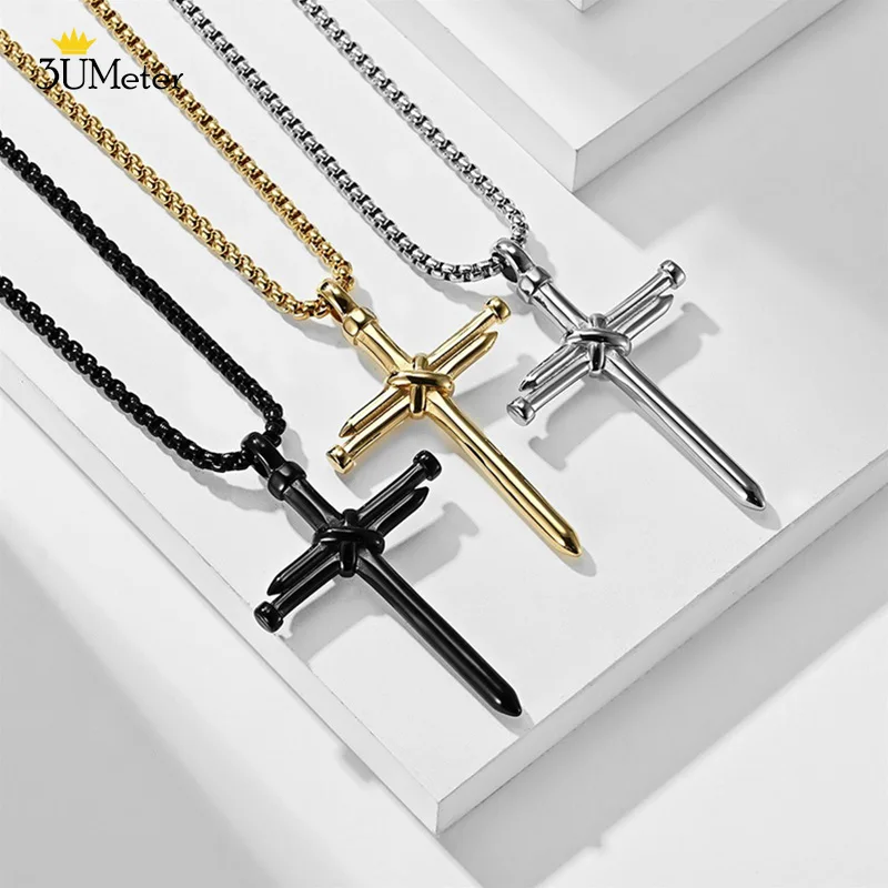 

3UMeter Fashion Stainless Steel Cross Necklace Men Nail Cross Pendant Necklace Christian Crucifix Necklaces Hip Hop Jewelry Gift