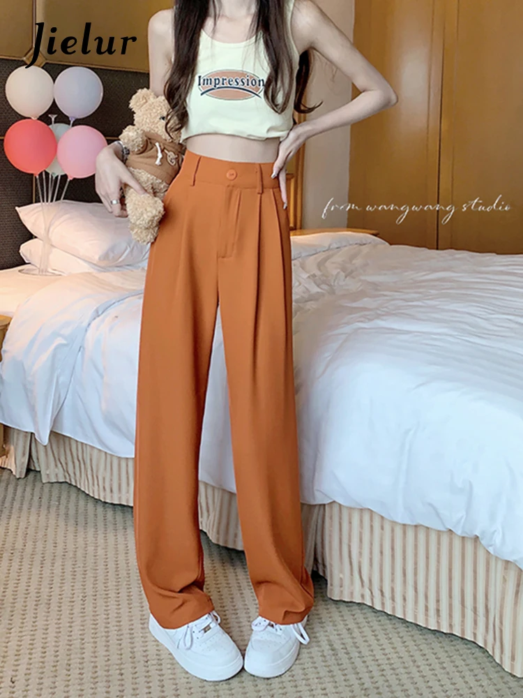 

Jielur Летние модные простые повседневные брюки однотонный костюм оранжевого и черного цветов женские прямые свободные брюки в Корейском сти...