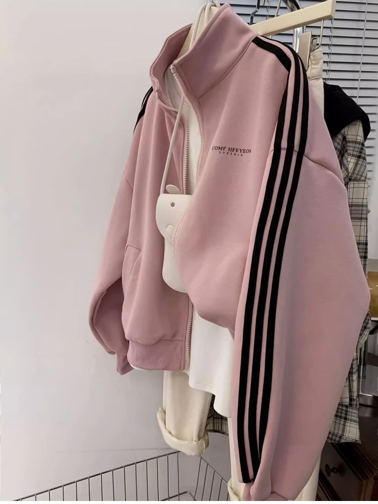 

Y2K Women Vintage American Fashion Streetwear Zip Up Hoodies Harajuku Striped Plush Zipper Jacket Polo Collar Sweatshirt Clothes