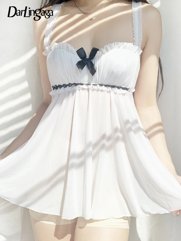 

Darlingaga Spaghetti Strap Y2K Chic White Summer Dresses for Women Ruffles Patched Fashion Sweet Cute Chiffon Dress Frill Short