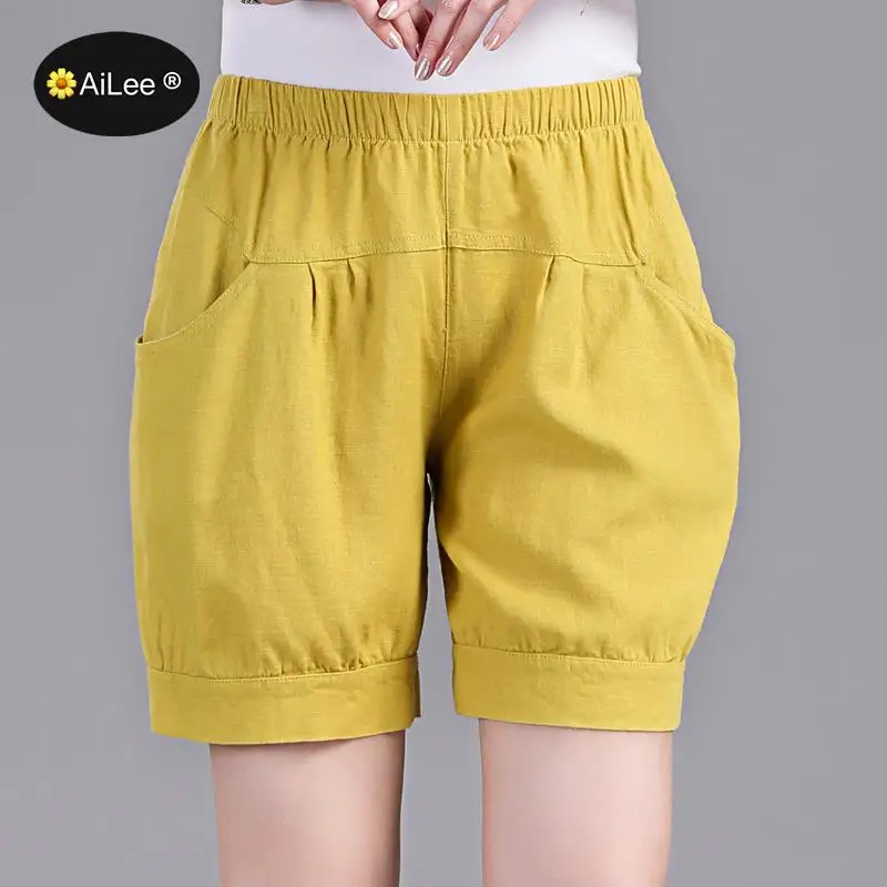 Yellow Vintage Loose Cotton Linen Woman Summer Bermuda Shorts Casual Elastic High Waist Soft Wide Leg Short Pants Retro Femme