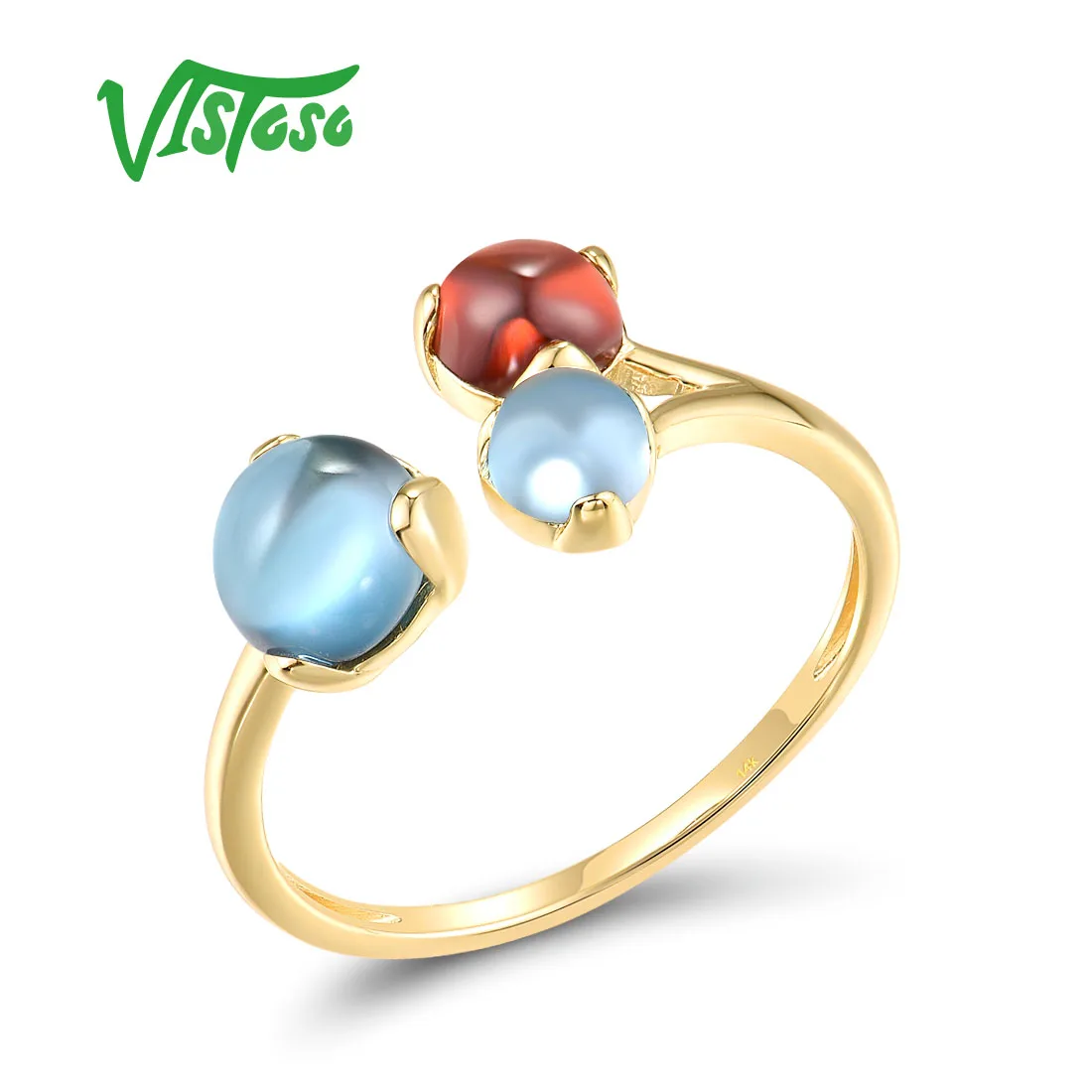 

VISTOSO Pure 14K 585 Yellow Gold Rings For Women Genuine Swiss London Blue Topaz Garnet Opening Ring Trendy Chic Fine Jewelry