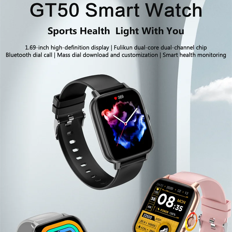 Sport Smart Watch GT50 Bluetooth Call Custom Dial for Women Fitness Men Smartwatch Heart Rate Blood Pressure Monitor Tracker