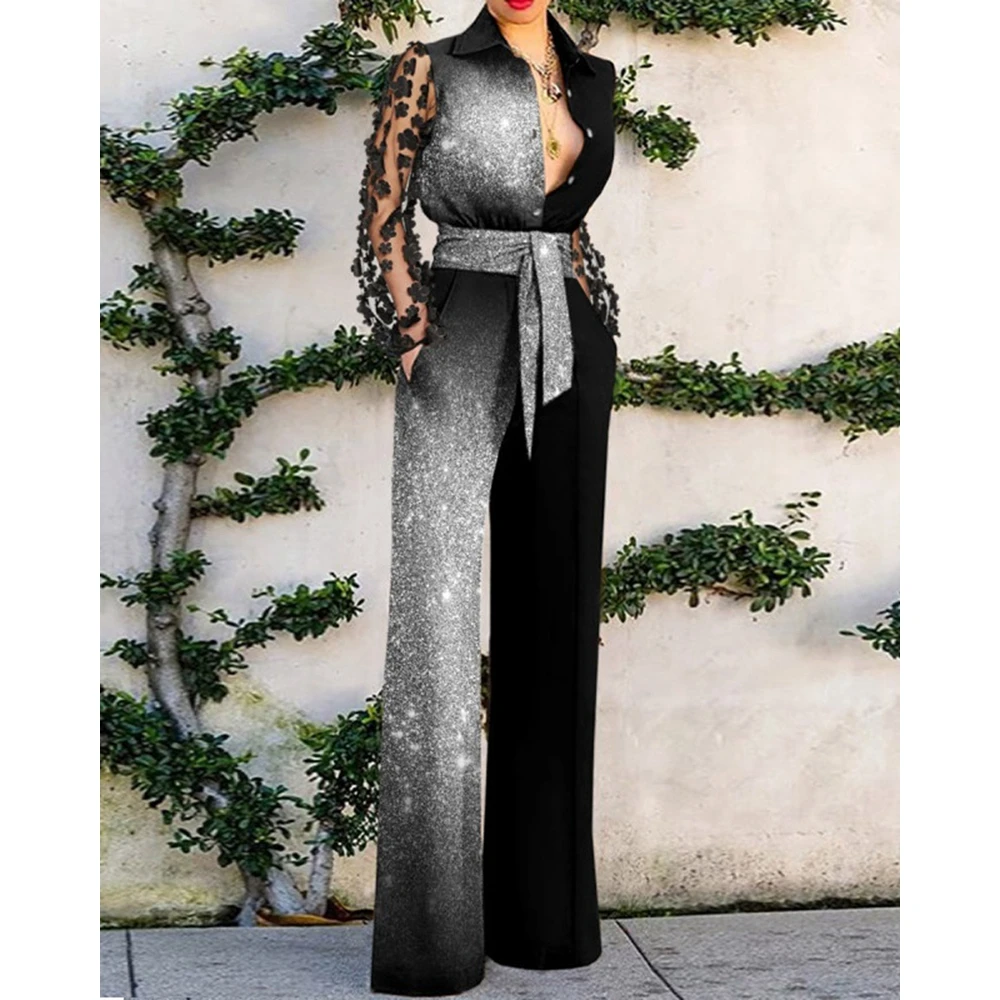 Женский слитный комбинезон с длинным рукавом прозрачными сетчатыми вставками и