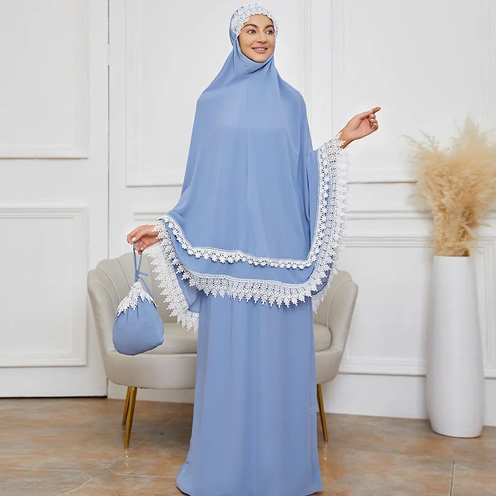 Комплект из двух предметов Рамадан арабские дамы кружевное контрастное платье для поклонения из двух частей мусульманское платье для женщ...