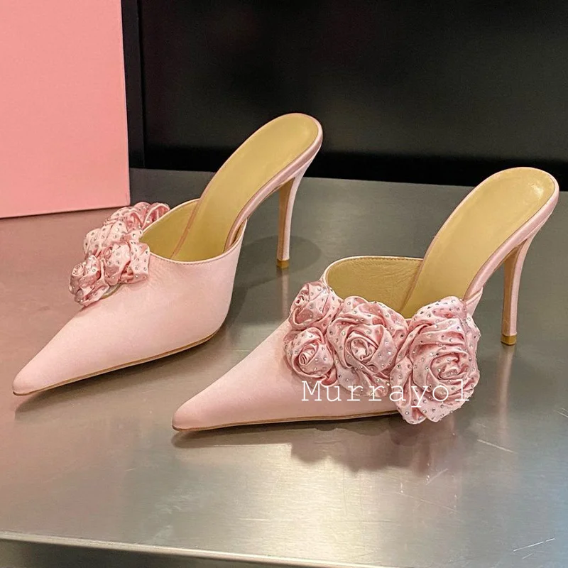 Новые атласные тапочки на тонком высоком каблуке с острым носком женские