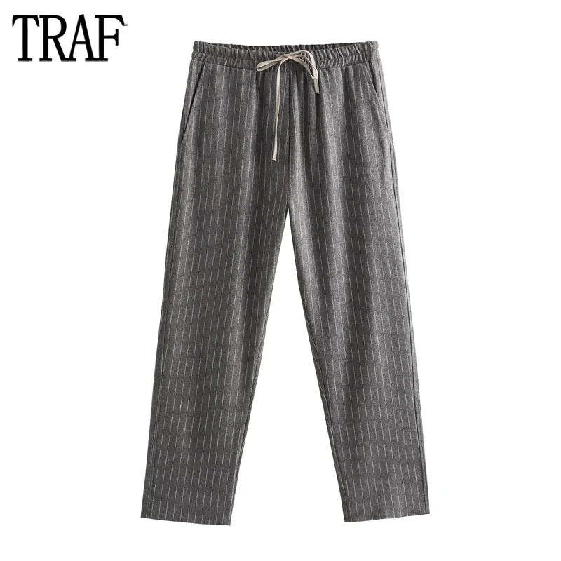 

TRAF Striped Baggy Pants Woman Pleated High Waist Pants for Women 2023 Autumn Casual Woman Trousers Drawstring Women's Pants
