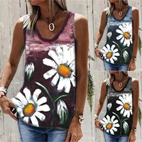 summer fashion new chrysanthemum print round neck womens sleeveless t shirt top casual office lady clothing