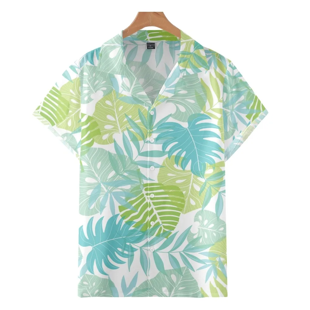 

2022 Chic casual Hawaiian beach shirt with turquoise palm leaf print, men's and women's summer Cuban collar shirt