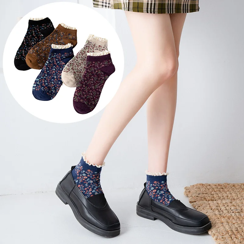 

Girl Vintage Short Socks Cotton Floral Socks Womens Spring Summer 2023 New Kawaii Print Sweet