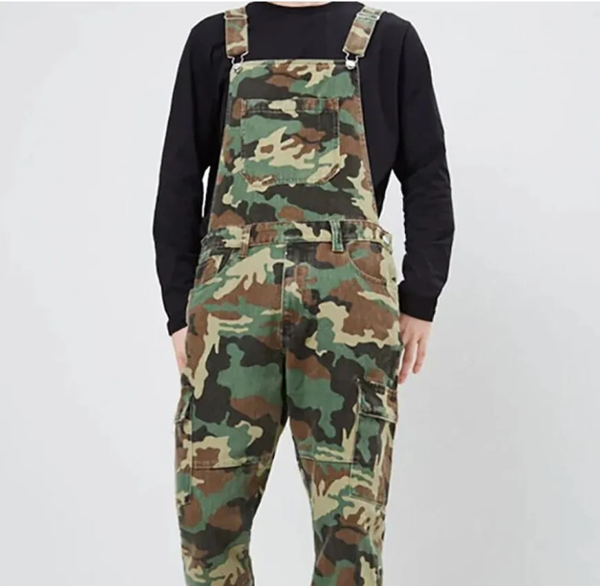 Stylish Mens Denim Camouflage High-waisted Strap Overalls Camo Combat Jumpsuit Casual Pants High Street Pockets Jeans