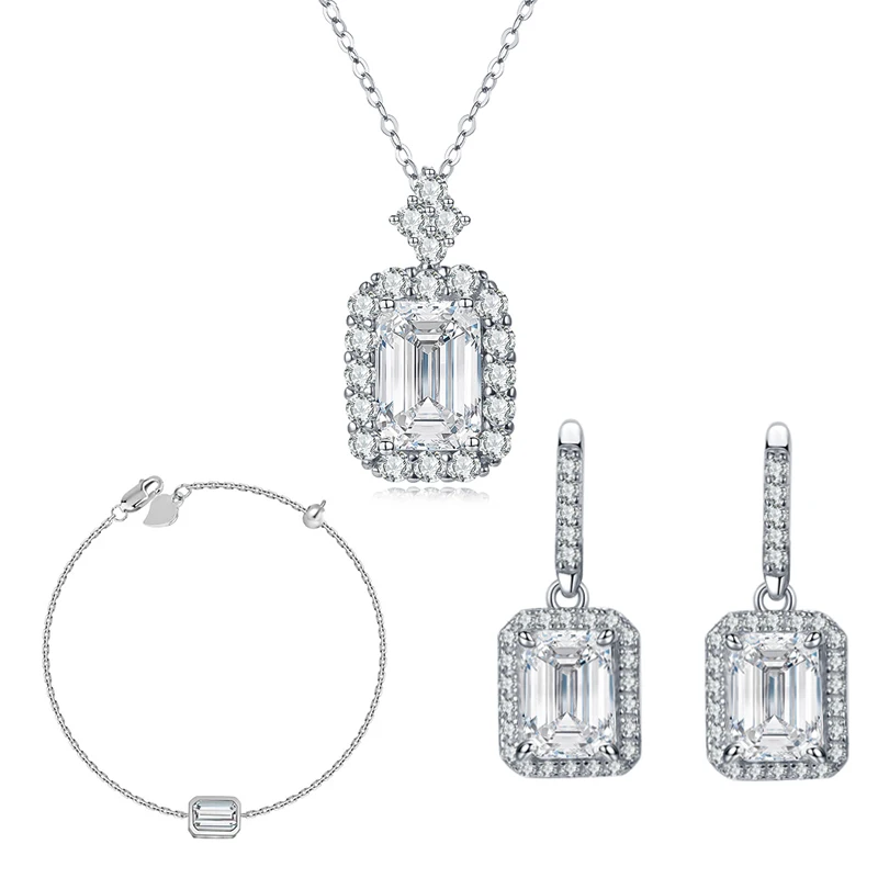 

Elegant Vintage White Geometric Emerald Cut Mossinate Necklace Bracelet Stud Earrings Jewelry Set For Women Sterling Silver Gift