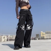 harajuku punk black print pants gothic grunge pocket chain loose low waist streetwear e girl cargo pants cargo pants women