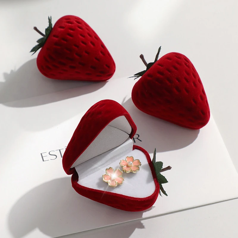 

New 1 PCS Red Strawberry Box Form Velvet Ring Storage Case Jewelry Box Ring Protector Flocking Gift Box Hot Selling