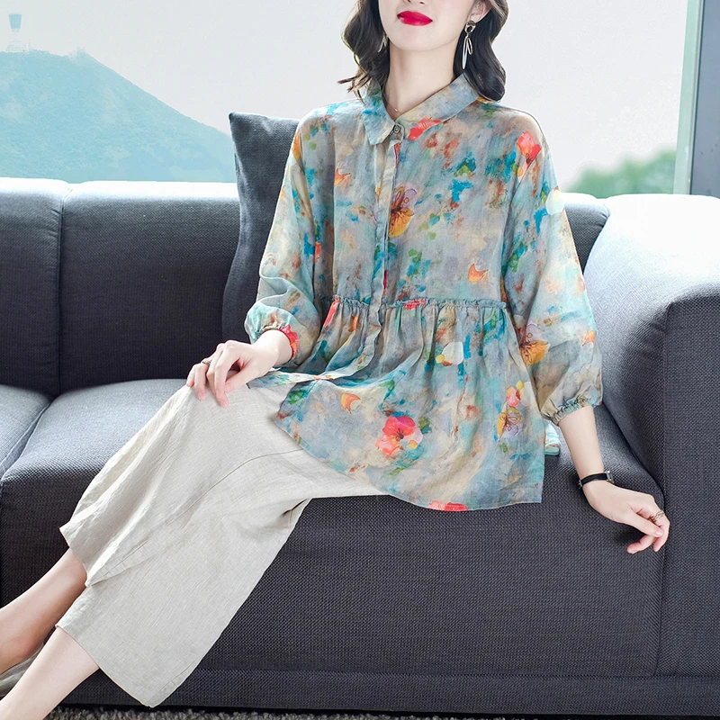 

COIGARSAM Shirt Womens Tops Spring New National Wind Vintage Casual Print Loose Women Shirts Dropshipping