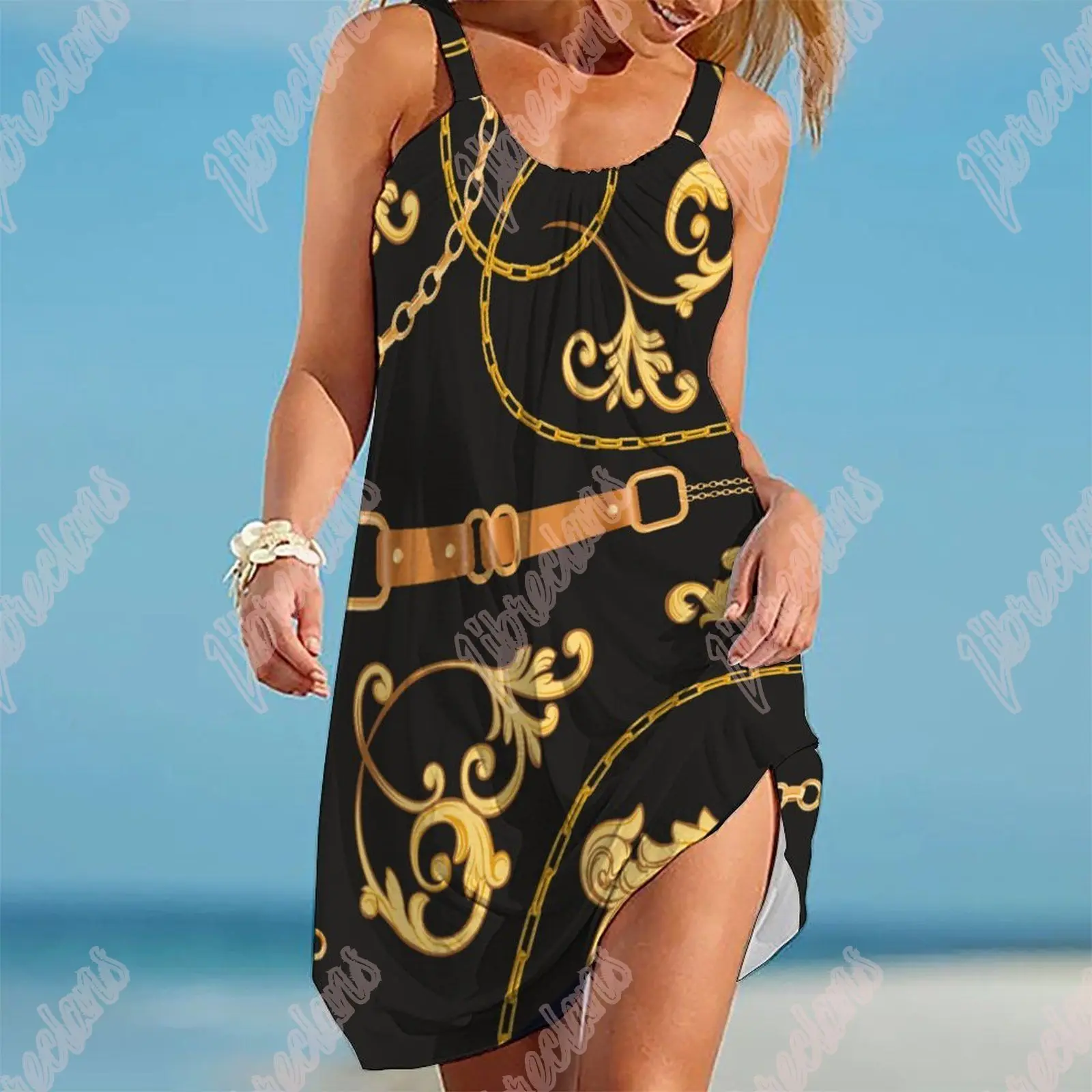 

Women Abstract Loose Beach Strap Mini Dress Summer Boho Sundress Hem Sleeveless 3D Print Dresses Sexy Casual Fashion Party Dress