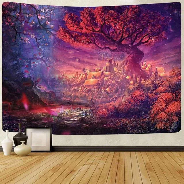 

Mushroom Forest Castle Psychedelic Tree Tapestry Fairy Tale Psychedelic Colorful Butterfly Tapestries Art Aesthetics Home Decor
