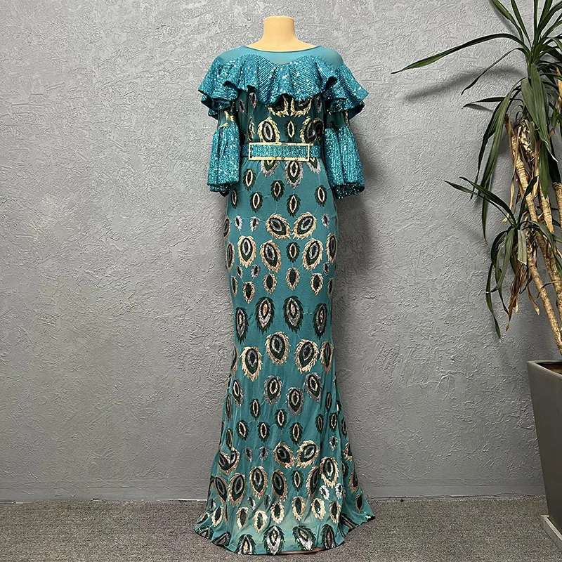 Plus Size Women Clothing New Luxury Fashion Slim Fit Fishtail Long Sequin Evening Dress Round Neck Chic And Elegant Woman Dress