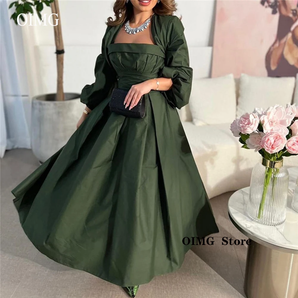 

OIMG Dark Green Taffeta Hi Low Arabic Women Formal Evening Dresses With Long Sleeves Jacket Mother Bride Party Event Prom Gowns