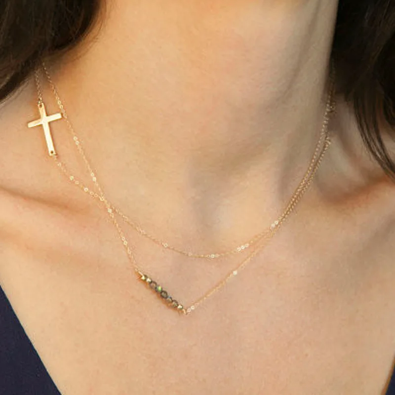 

Двухслойное ожерелье ZLALHAJA для женщин, ожерелье-цепочка в эстетической форме Креста с циркониевыми бусинами, золотистого цвета, модные ювел...