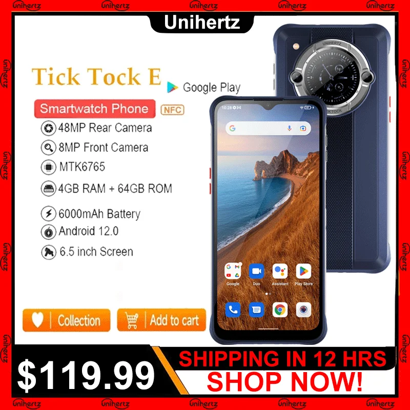 Unihertz Ticktock E 6000Mah Batteria 6.5 "Schermo Smartphone Android 12 Sblocca 4Gb 64Gb 20W Ricarica Rapida Cellulare A Doppio Schermo