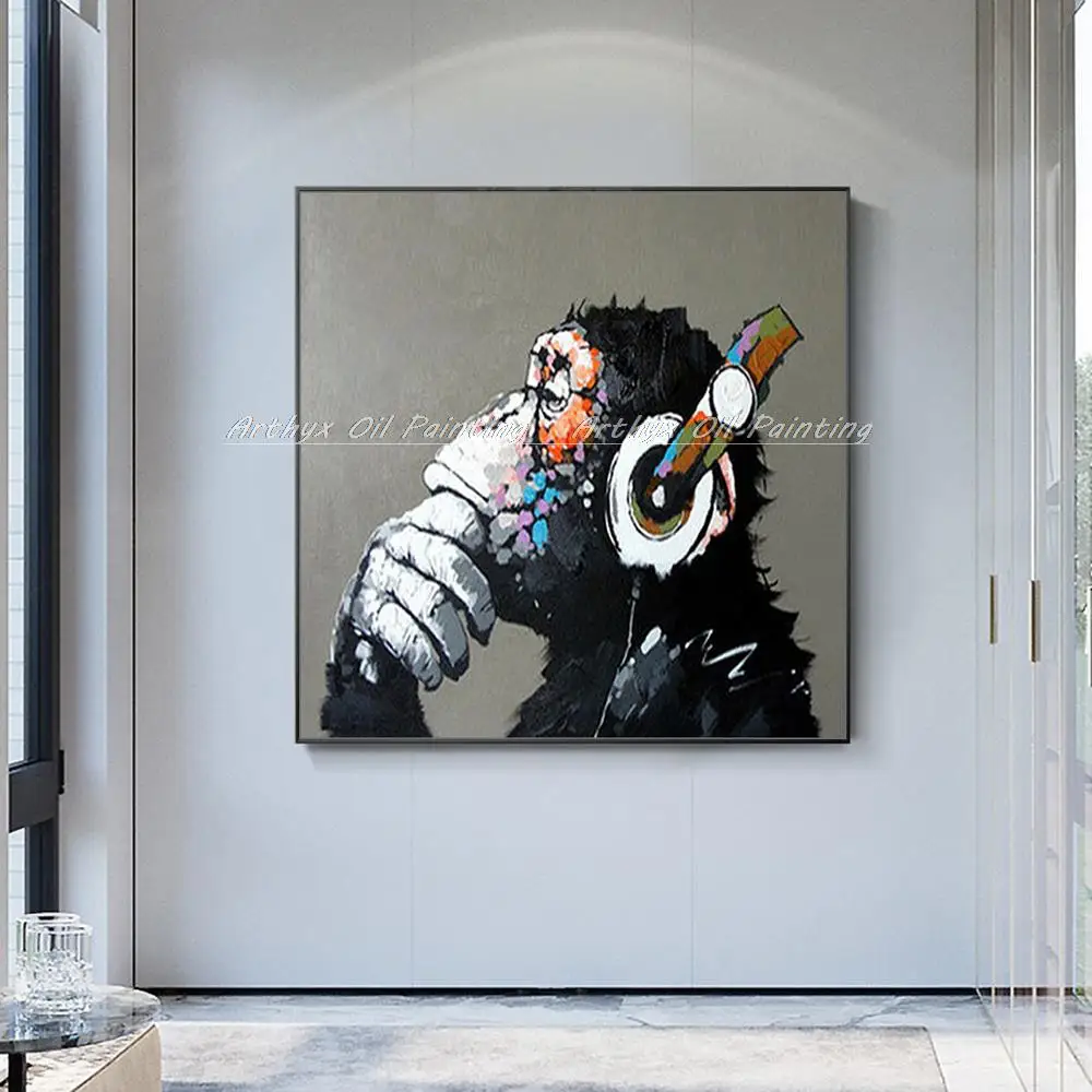 Arthyx ручная роспись Gorilla наслаждаясь музыкой животные Масляные картины на холсте