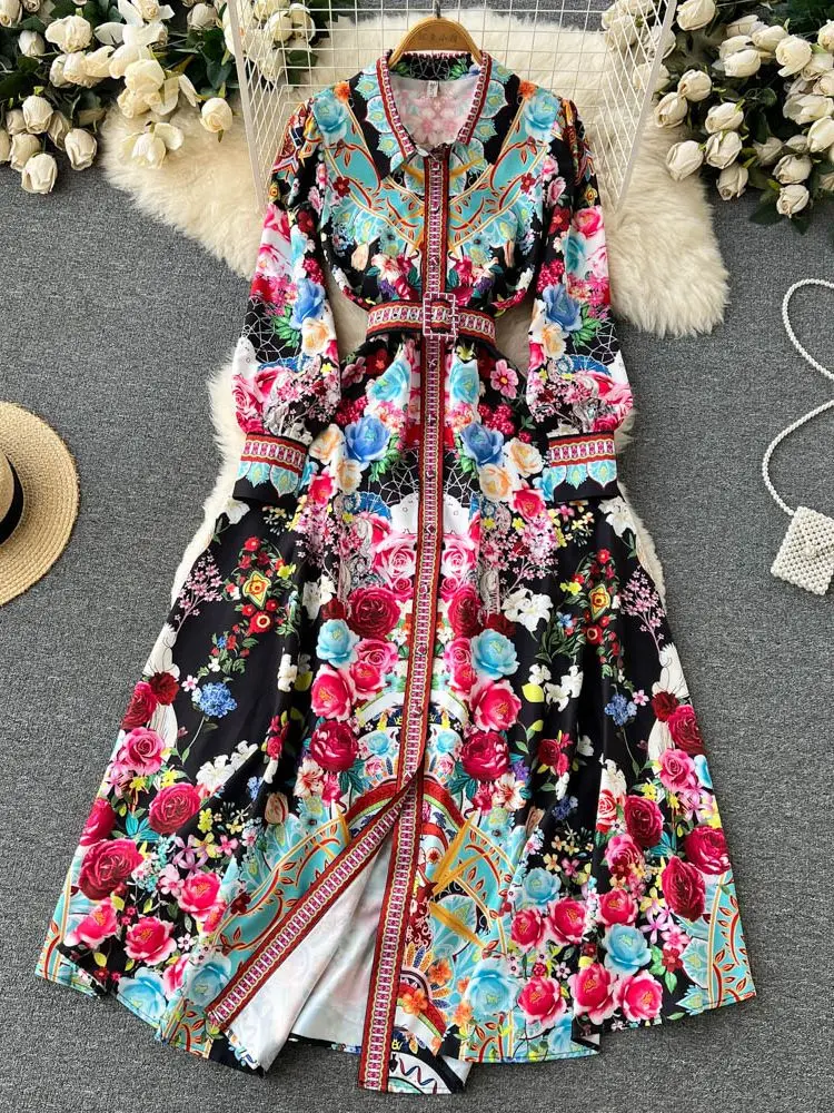 

Bohemian Style Holiday Dress Autumn Women's Turn Down Neck Long Sleeve Single Breasted Floral Print Belt Long Party Robe