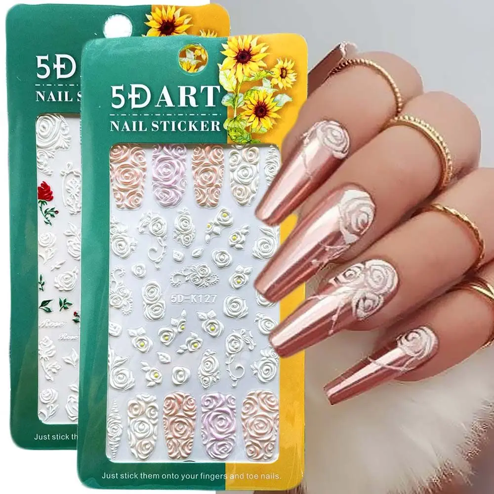 

New 5D White Rose Embossed Pattern Acrylic Nail Sticker Valentine's Day DIY Slider Design Nail Art Decor Accessories Tool