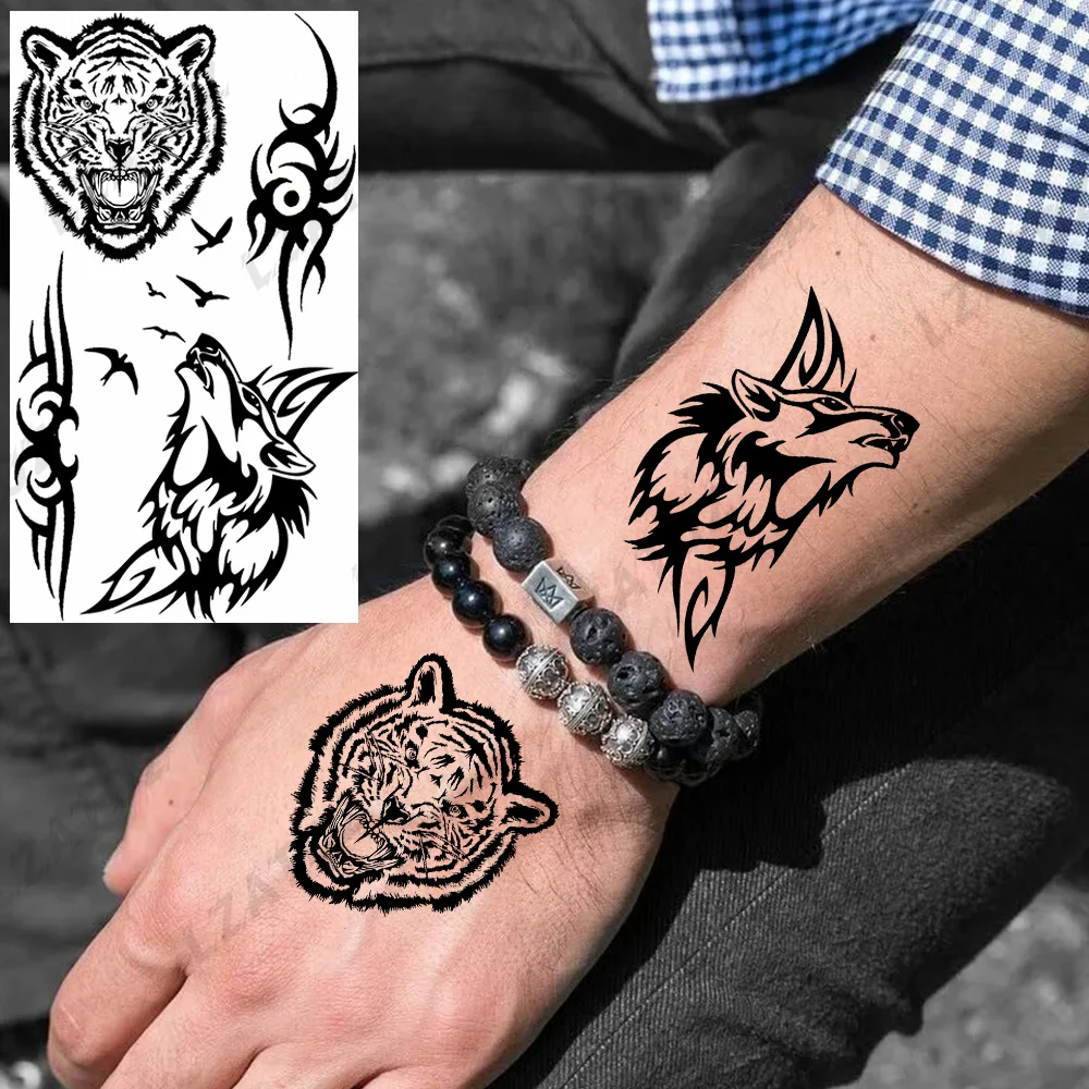 

Black Tiger Wolf Temporary Tattoos For Men Adult Realistic Fake Totem Lion Dragon Tattoo Sticker DIY Forearm Small Tatoos