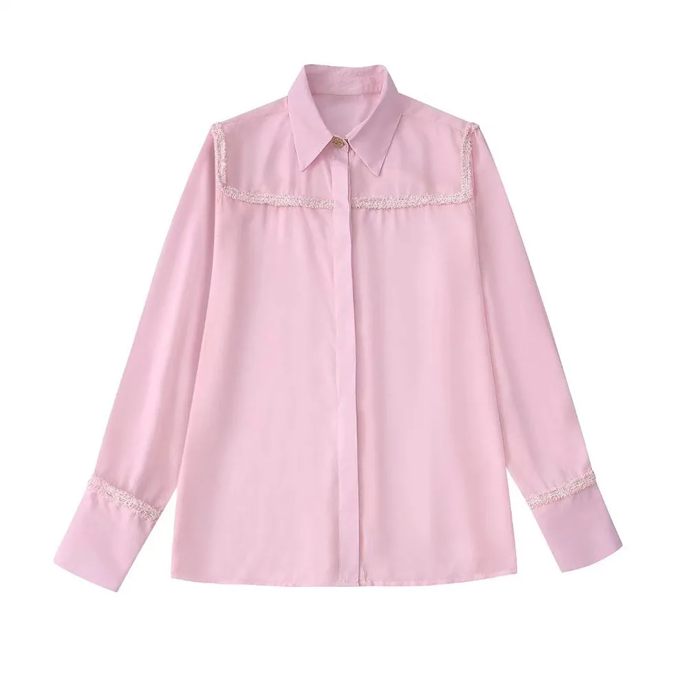 

Women 2022 New Fashion Texture Patchwork Blouse Vintage Lapel Long Sleeve Single Breasted Female Shirt Chic Top Mujer