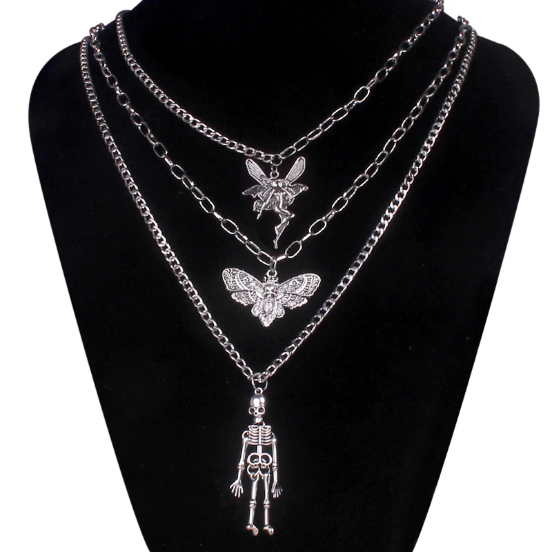 

2023 New Punk Gothic Grunge Skull Moth Butterfly Pendant Necklace For Women Layered Wing Cross Rabbit Necklace Men Jewelry di381