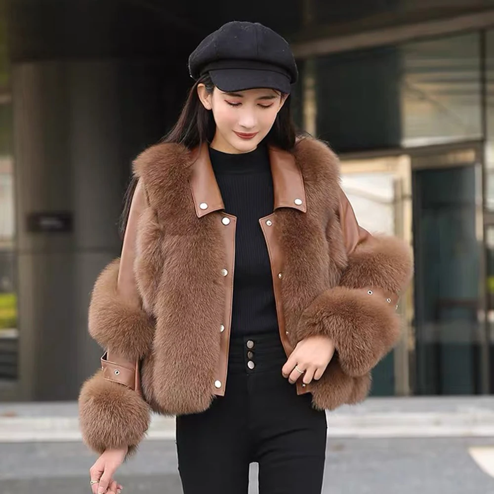 Lady Genuine Sheepskin Leather Jackets 2022 New Luxury Winter Warm Real Fox Fur Coats Windproof Fashion Overcoats 7932