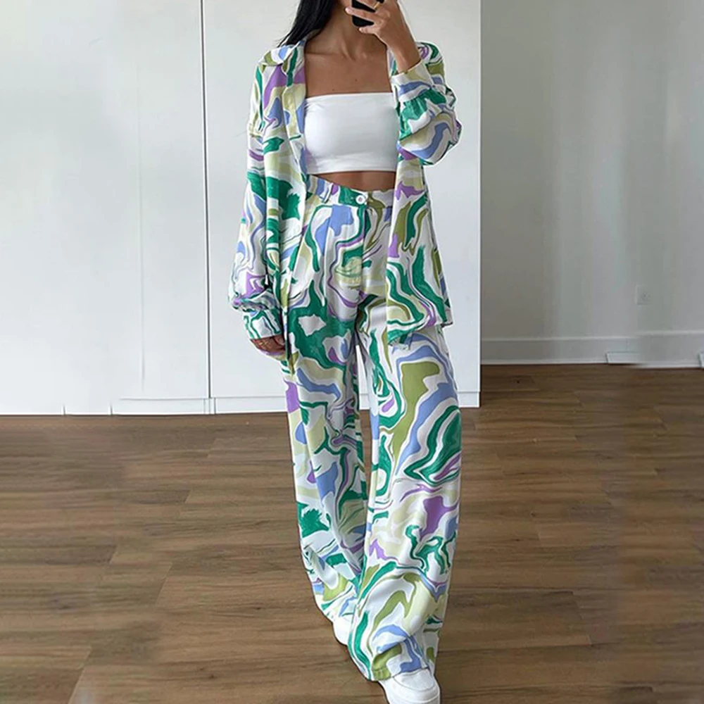 

Long-Sleeved Shirt Wide-Leg Pants Two-Piece Set For Women 2023 New Early Autumn Fashion Elegant Vacation Printed Two-Piece Set