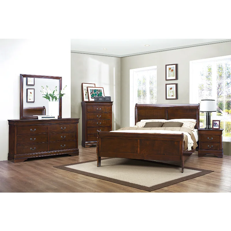

Brown Cherry Finish Louis Philippe Style 1 Medium Sled Bed Includes Headboard Toe Board and Railing Traditional Design[US Stock]