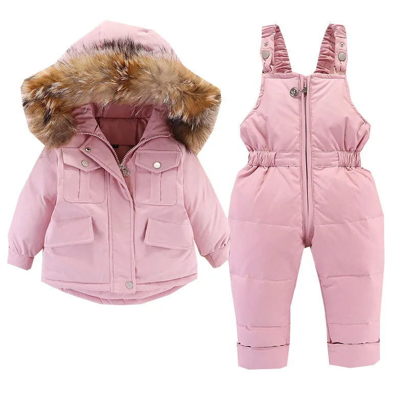 Kids Overalls Snowsuit Winter Down Jacket Girl clothes Baby Boy over coat Toddler New Year Clothing Set parka real fur Jacket