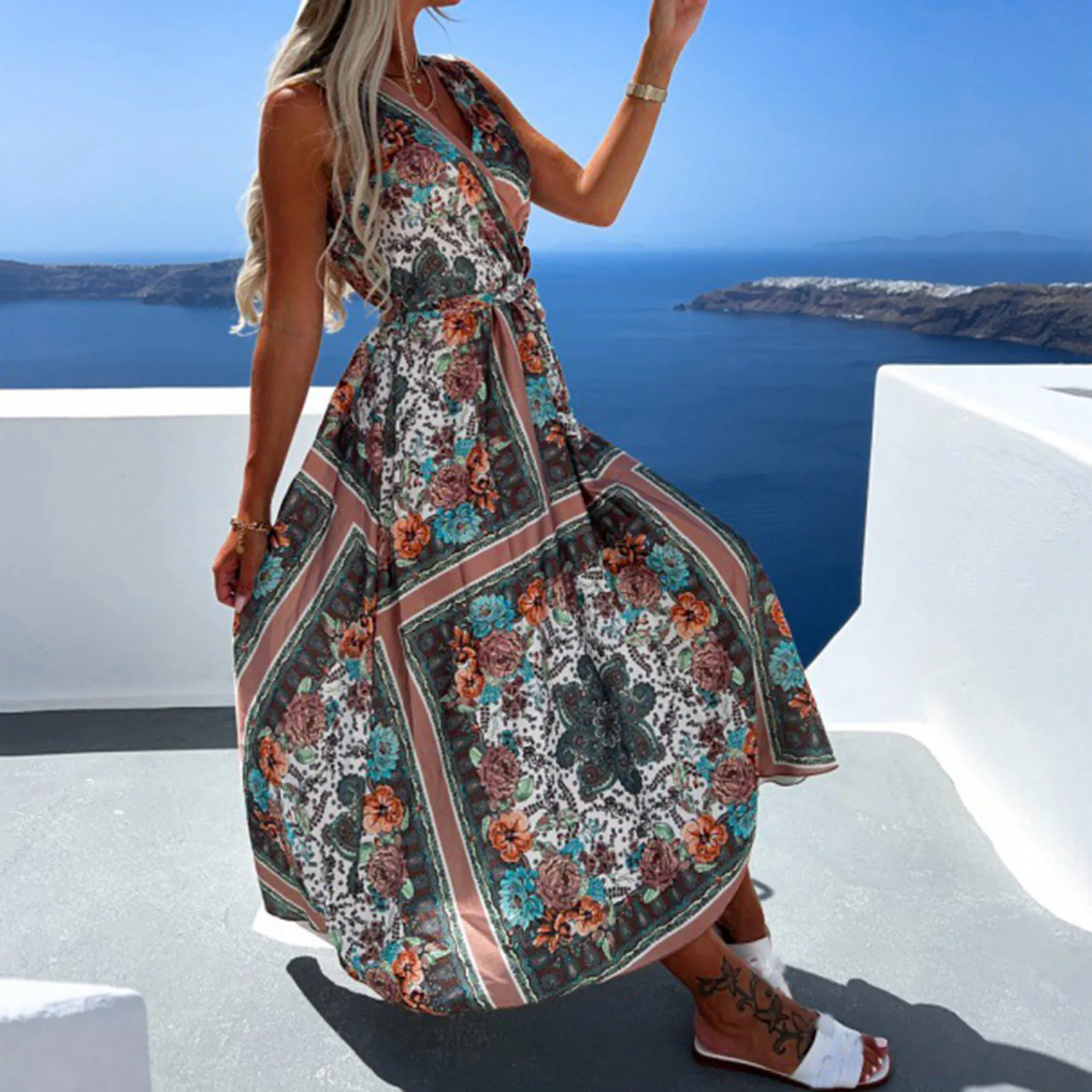 

Womens V Neck Sleeveless Elastic Waist Backless Bandage Print Maxi Dress