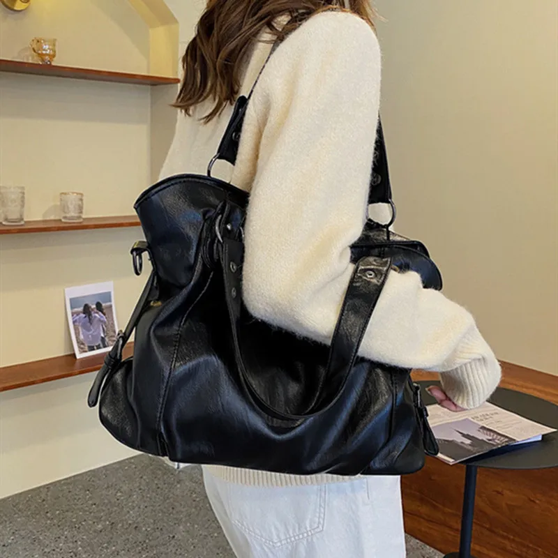 

Большие черные женские сумки на плечо, Повседневная Сумка-тоут большого размера, качественная сумка-хобо из искусственной кожи, женская сум...