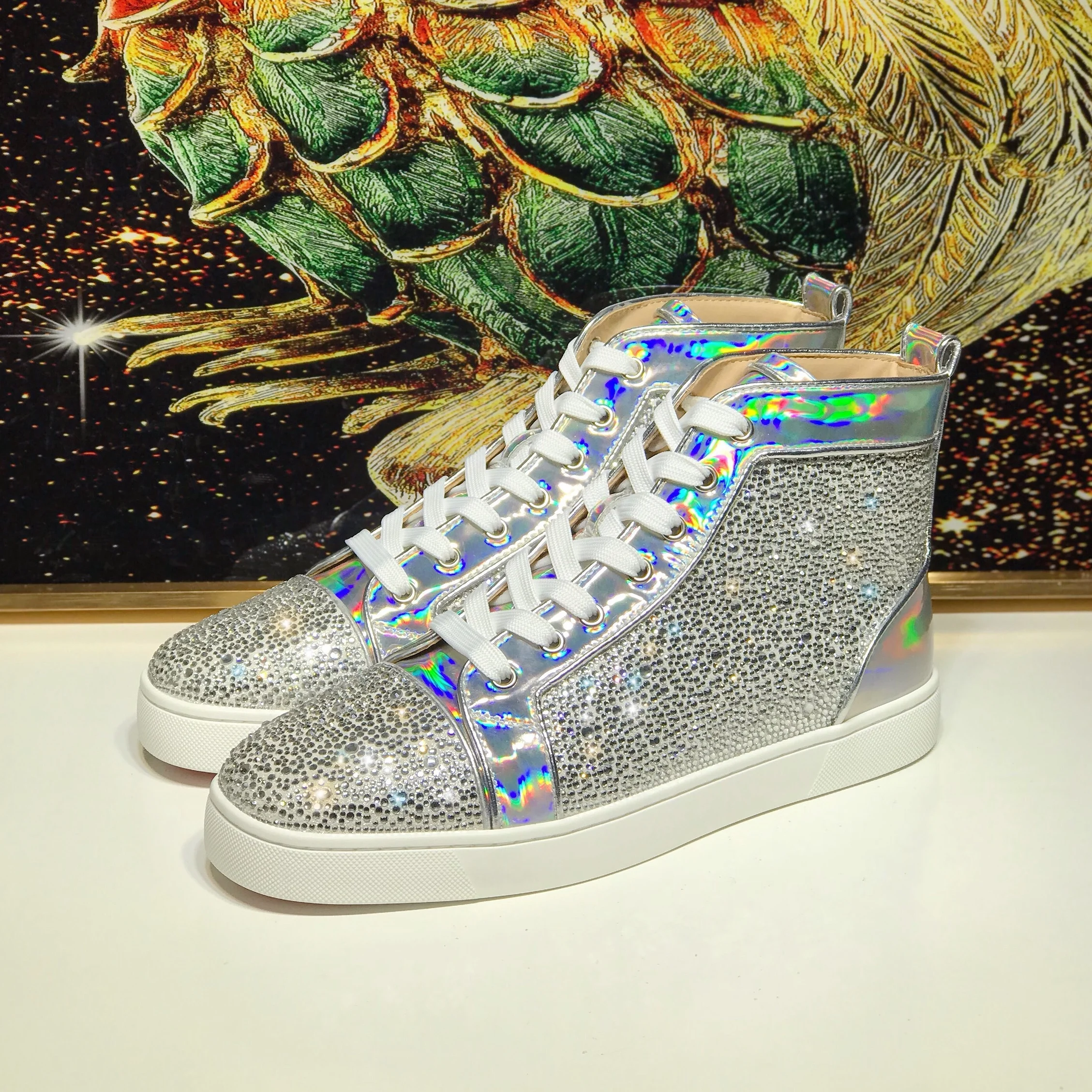 

New leather laser white diamond high-top men and women couples casual high-top shoes