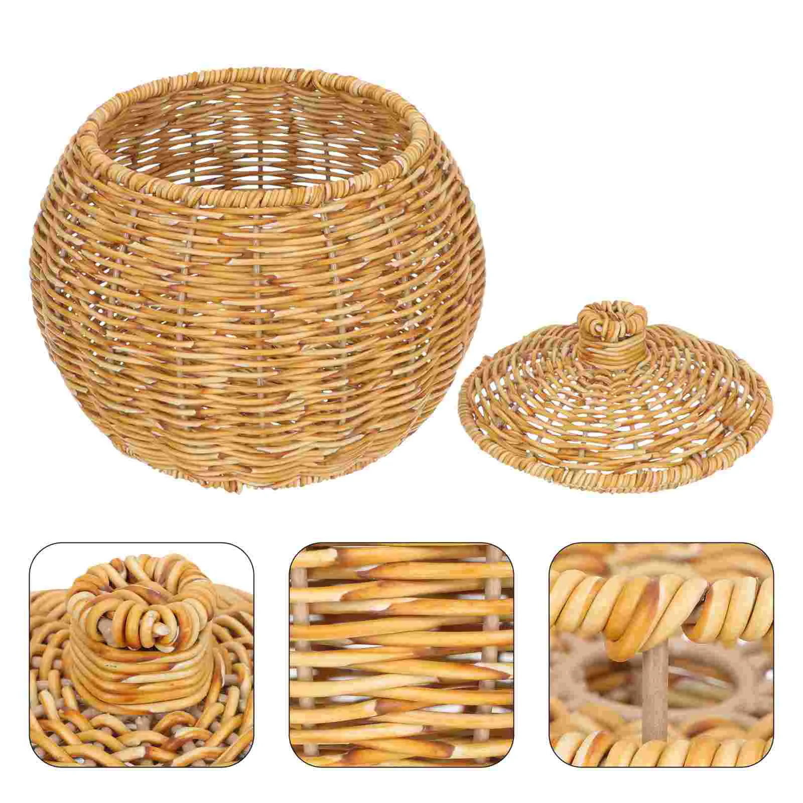 

Basket Storage Rattan Woven Lid Wicker Fruit Baskets Egg Round Tray Holder Bread Seagrass Box Garlic Serving Waste Food Tub
