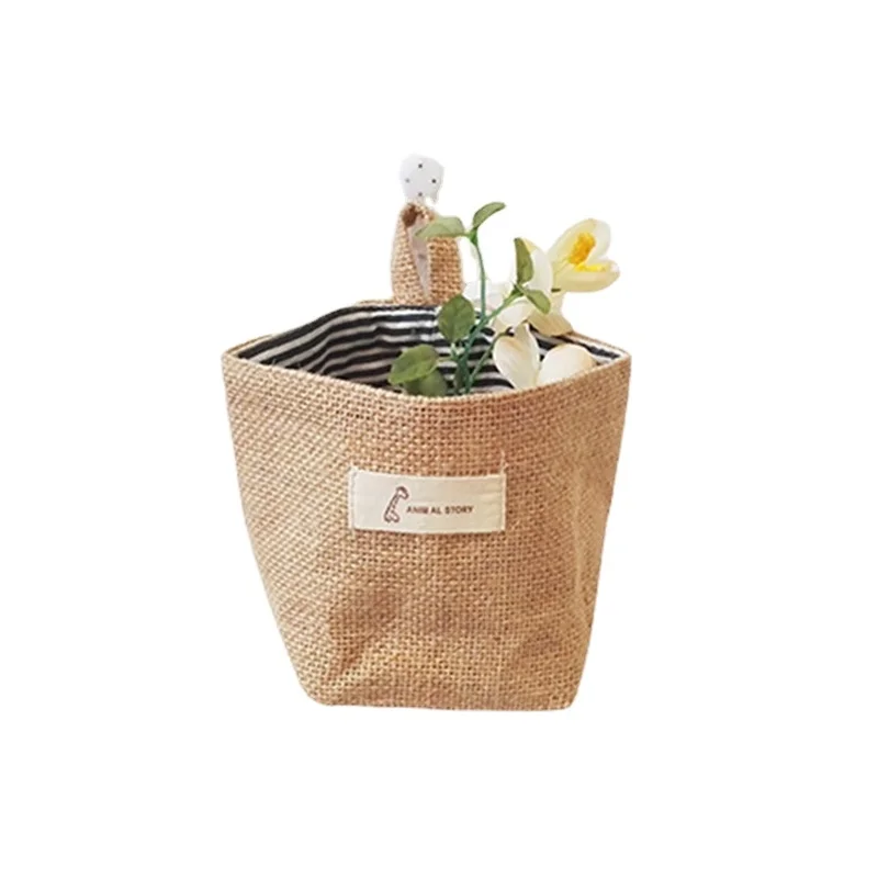 

Jute Cotton Linen Bag Desktop Storage Basket Hanging Pocket Small Sack Sundries Storage Box With Handle Cosmetic Storage Bag