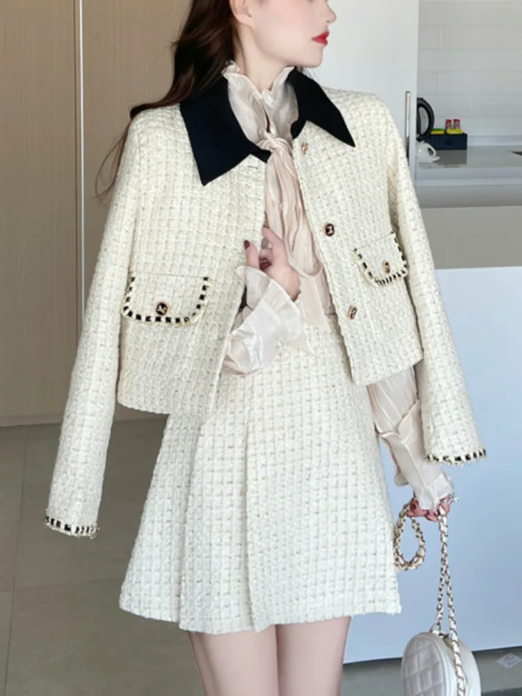 

French Vintage Small Fragrance Tweed Two Piece Set Women Bow Short Jacket Coat + Pleated Skirt Sets Fall Winter Sweet 2pcs Suits