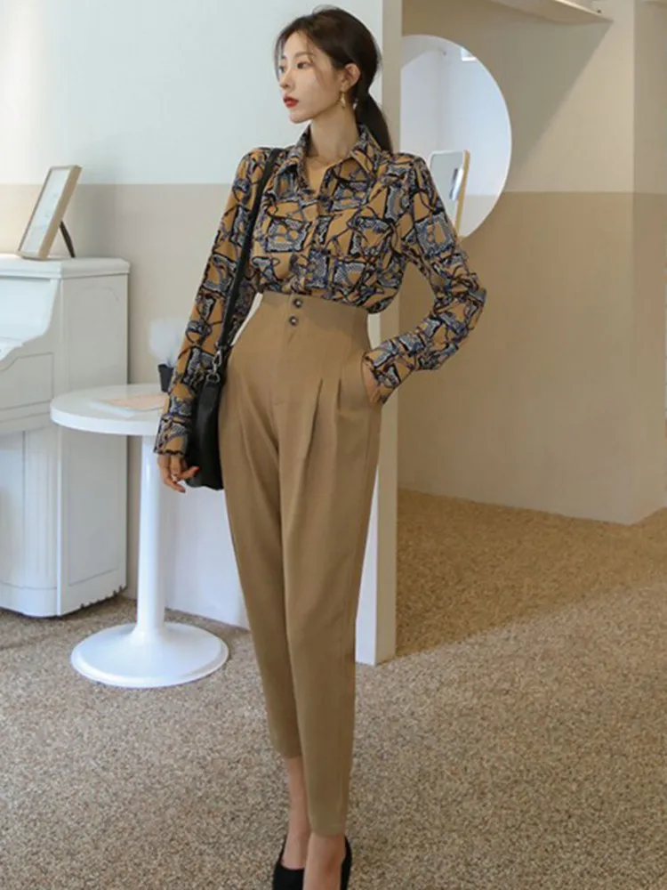 

Women Simple 2-Piece Suits 2022 Spring Loose Vintage Printed Shirt Top & Casual High Waist Pencil Pants Ladies Work Pant Suits